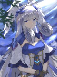  asagi1111 blue_dress blue_eyes blurry blurry_foreground breasts cleavage closed_mouth commentary_request depth_of_field dress feathered_wings female gloves grey_hair head_wings long_hair looking_at_viewer medium_breasts melia_antiqua own_hands_together short_sleeves smile solo upper_body very_long_hair white_dress white_gloves white_wings wings xenoblade_chronicles_(series) xenoblade_chronicles_3 