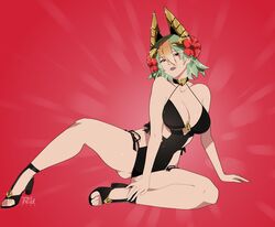  absurdres bad_id bad_twitter_id black_one-piece_swimsuit breasts cleavage closed_mouth dark-skinned_female dark_skin earrings female fire_emblem fire_emblem_heroes flower gradient_hair green_hair hair_flower hair_ornament highres jewelry laegjarn_(fire_emblem) laegjarn_(summer)_(fire_emblem) large_breasts looking_at_viewer multicolored_hair official_alternate_costume one-piece_swimsuit orange_hair r3dfive red_eyes short_hair simple_background smile solo swimsuit 