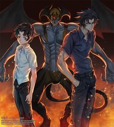  3boys artist_name black_eyes black_hair cleft_chin commentary_request dated demon demon_boy demon_wings devilman devilman_(character) devilman_crybaby fire fudou_akira head_wings kaworu_flower large_wings male_focus multiple_boys multiple_persona school_uniform short_hair sideburns thick_eyebrows watermark web_address wings 