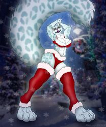  5:6 anthro bra breasts christmas christmas_clothing cleavage clothed clothing digital_media_(artwork) felid feline female festive fluffy fur gift hi_res holidays legwear leopard mammal pantherine rahir_(artist) snow snow_leopard stockings tail underwear winter 