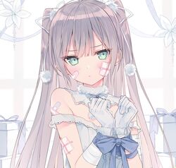  animal_ears aqua_eyes artist_name bandaged_arm bandages bandaid bandaid_on_face bandaid_on_shoulder bangs banned_artist bare_shoulders blue_dress blue_ribbon blush bound bound_wrists box cat_ears cat_girl closed_mouth detached_collar dress female flower gift gift_box gloves long_hair looking_at_viewer melonbooks off-shoulder_dress off_shoulder original own_hands_together pom_pom_(clothes) purple_hair ribbon rurudo solo tied_up twintails upper_body very_long_hair white_flower white_gloves 