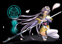  armor blood female japanese_clothes long_hair naginata petals polearm purple_eyes purple_hair rance_(series) sengoku_rance senhime solo takatan thighhighs tiara very_long_hair weapon 