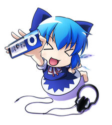  &gt;_&lt; :3 :d adapted_costume barefoot blue_bow blue_hair blue_skirt blue_vest bow chibi circled_9 cirno closed_eyes commentary_request digital_media_player female from_above hairbow hand_on_own_hip headphones holding ice ice_wings ipod ipod_nano kusaba_(kusabashiki) looking_up neck_ribbon photoshop_(medium) puffy_short_sleeves puffy_sleeves red_ribbon ribbon shirt short_sleeves skirt skirt_set smile solo touhou vest white_background white_shirt wings x3 xd 