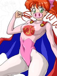  breasts cape commentary female green_eyes isu kokubu_karin leotard long_hair lowres oekaki pantyhose pig_snout pink_leotard ponytail red_hair solo superhero_costume tonde_buurin when_you_see_it 