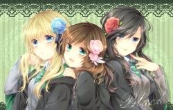  3girls :d :o :p andromeda_tonks bad_id bad_pixiv_id bellatrix_lestrange black_hair blonde_hair blue_eyes blue_flower blue_rose brown_hair flower green_background green_eyes grey_eyes hair_flower hair_ornament harry_potter_(series) hogwarts_school_uniform long_hair looking_at_viewer multiple_girls narcissa_malfoy necktie open_mouth pink_flower pink_rose red_flower red_rose robe rose school_uniform siblings sisters slytherin smile straight_hair tongue tongue_out upper_body wizarding_world yuuna_minato 