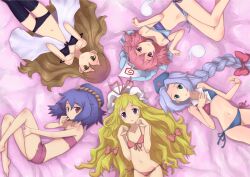  5girls adapted_costume aged_down babydoll bare_legs bare_shoulders bed_sheet bikini black_thighhighs blue_eyes boyshort_panties braid brown_eyes brown_hair circle_formation commentary_request feet flat_chest front-tie_top ghost gradient_hair hairband hat hijiri_byakuren hitodama jack_(wkm74959) lingerie long_hair looking_at_viewer lying multicolored_hair multiple_girls nurse_cap on_back on_side pink_eyes pink_hair purple_eyes red_eyes saigyouji_yuyuko short_hair side-tie_bikini_bottom single_braid swimsuit thighhighs touhou triangular_headpiece underwear very_long_hair yagokoro_eirin yakumo_yukari yakumo_yukari_(young) yasaka_kanako 