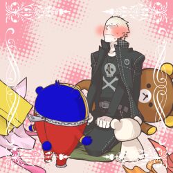  2boys bad_id bad_pixiv_id bear belt blush bullet commentary_request ear_piercing embarrassed faceless faceless_male full-face_blush jacket jacket_on_shoulders jolly_roger kneeling korilakkuma kuma_(persona_4) long_sleeves male_focus mat070 multiple_boys pants persona persona_4 piercing rilakkuma san-x scar scar_on_face standing stuffed_animal stuffed_toy sweat tatsumi_kanji zipper 