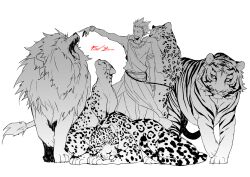  1boy animal bad_id bad_pixiv_id bracelet cheetah fate/stay_night fate/zero fate_(series) gilgamesh_(fate) greyscale hiramatsu_(rama) jaguar jewelry leopard lion male_focus monochrome necklace photoshop_(medium) smile tiger 