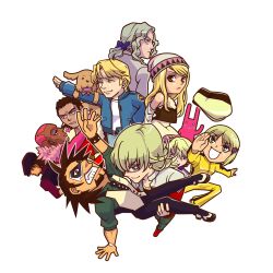  2girls 6+boys antonio_lopez barnaby_brooks_jr. bruce_lee&#039;s_jumpsuit cabbie_hat canine carrying chibi commentary_request ebitetsu everyone flat_color hat huang_baoling ivan_karelin john_(tiger_&amp;_bunny) joshua2368 kaburagi_t._kotetsu keith_goodman mask multiple_boys multiple_girls nathan_seymour princess_carry simple_background stuffed_animal stuffed_rabbit stuffed_toy tiger_&amp;_bunny unworn_hat unworn_headwear white_background yuri_petrov 