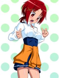  bad_id bad_pixiv_id blush breast_expansion clothes_around_waist duskbreeze eyelashes female hair_ornament hairclip hino_akane_(smile_precure!) nanairogaoka_middle_school_uniform open_mouth photoshop_(medium) pleated_skirt polka_dot polka_dot_background precure red_eyes red_hair school_uniform skirt smile_precure solo surprised sweater sweater_around_waist 