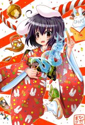  ahoge animal_ears animal_print bell black_hair carrot commentary_request dragon eastern_dragon fangs female food food-themed_clothes fruit hand_fan hidamari_(mizuiro_yume_koubou) highres inaba_tewi japanese_clothes jingle_bell kimono leg_lift mandarin_orange new_year obi orange_(fruit) partial_commentary rabbit_ears rabbit_print red_eyes red_kimono sash short_hair slippers socks solo touhou wide_sleeves 