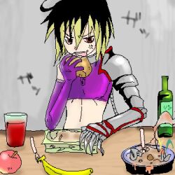  1boy albel_nox breasts cooking eating food lowres male male_focus midriff oeakaki parody solo square_enix star_ocean star_ocean_3 star_ocean_till_the_end_of_time 