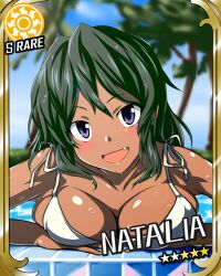  bare_shoulders bikini black_hair brazil breasts card_(medium) card_parody character_name cinderella_girls_card_parody cleavage commentary_request dark-skinned_female dark_skin female idolmaster idolmaster_cinderella_girls k2isu large_breasts looking_at_viewer natalia_(idolmaster) oerba_yun_fang open_mouth parody photoshop_(medium) purple_eyes short_hair smile solo star_(symbol) sun_symbol swimsuit 