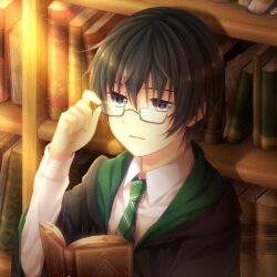  1boy adjusting_eyewear bad_id bad_pixiv_id book bookshelf glasses grey_eyes harry_potter_(series) hogwarts_school_uniform male_focus necktie reading regulus_arcturus_black school_uniform slytherin solo wizarding_world yuuna_minato 