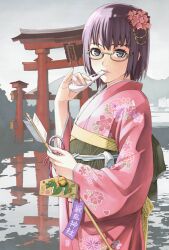  arrow_(projectile) bell black_hair blue_eyes building commentary_request eating ema female floral_print flower food glasses hair_flower hair_ornament hamaya hill holding holding_food japanese_clothes kimono looking_at_viewer mochi new_year obi original pink_kimono pinky_out reflection ryoubu_torii sash semi-rimless_eyewear short_hair solo tantaka tassel torii under-rim_eyewear wagashi water 