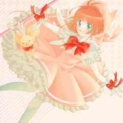  brown_hair cardcaptor_sakura commentary_request dress ekoichi female fuuin_no_tsue glove_bow gloves green_eyes hat kero_(cardcaptor_sakura) kinomoto_sakura kinomoto_sakura_(magic_dream_costume) pink_hat short_hair thighhighs wand white_gloves wings 