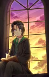  1boy bad_id bad_pixiv_id black_hair blue_eyes book harry_potter_(series) hogwarts_school_uniform male_focus necktie school_uniform severus_snape sitting slytherin solo window wizarding_world yuuna_minato 