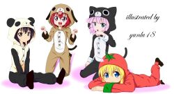  4girls :d akaza_akari animal_costume black_hair blonde_hair buttons cat_costume clenched_hands dog_costume funami_yui lying multiple_girls on_stomach open_mouth pajamas panda_costume pink_hair red_hair sitting smile socks tomato_costume toshinou_kyouko yoshikawa_chinatsu yunlu18 yuru_yuri 