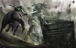  1boy agro_(shadow_of_the_colossus) bad_id bad_pixiv_id battle club_(weapon) colossus gaius_(shadow_of_the_colossus) kitakazuki riding shadow_of_the_colossus sword wander_(shadow_of_the_colossus) weapon 