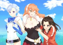  3girls belt blue_hair bodysuit breast_envy breasts brown_eyes brown_hair bursting_breasts choker cleavage cloud commentary_request day earmuffs fin_e_ld_si_laffinty flat_chest flower fur_trim grabbing grabbing_another&#039;s_breast hair_flower hair_ornament hairclip huge_breasts kyouno_madoka miniskirt muginami multiple_girls namakemono_(u446644k) ocean orange_hair purple_eyes rinne_no_lagrange short_hair skirt sky sleeves_rolled_up track_suit yellow_eyes yuri 