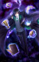  1boy animal animal_on_shoulder bad_id bad_pixiv_id black_hair book chalice checkered_floor commentary cup feathers glowing harry_potter_(series) highres hogwarts_school_uniform jewelry male_focus nagini necklace necktie pendant red_eyes ring school_uniform slytherin snake solo tom_marvolo_riddle wand wizarding_world yuuna_minato 