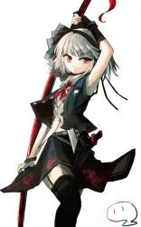  alternate_costume alternate_eye_color arm_up armpits black_gloves black_hairband black_thighhighs chains choker commentary_request female fingerless_gloves flat_color frown garter_straps geppewi gloves grey_hair hair_ribbon hairband hitodama huge_weapon jacket katana konpaku_youmu konpaku_youmu_(ghost) open_clothes open_vest over_shoulder pale_skin red_eyes ribbon ribbon_choker sheath sheathed short_hair single_glove skirt solo sword sword_over_shoulder thighhighs touhou transparent_background vest wakizashi weapon weapon_over_shoulder wrist_straps zettai_ryouiki |_| 