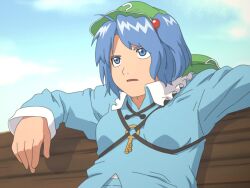  backpack bag bench blue_eyes blue_hair commentary_request female fullmetal_alchemist hat kawashiro_nitori key meme parody shirosato solo style_parody touhou two_side_up 