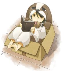  1boy :&lt; animal_costume bad_id bad_pixiv_id barefoot barrel black_hair book box brown_eyes cardboard_box dog_costume holding holding_book in_box in_container izumi_kirifu kamen_rider kamen_rider_w male_focus open_book philip_(kamen_rider) photoshop_(medium) reading solo 