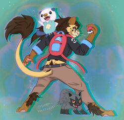  anthro backpack black_body black_fur blue_background blue_body blue_fur brown_body brown_fur brown_hair clothing fangs felid female fur generation_3_pokemon generation_5_pokemon grey_body grey_fur gynomorph_(lore) hair half-closed_eyes hi_res khaki_pants lion looking_at_viewer looking_back luckfoxo33 mammal narrowed_eyes nintendo open_mouth open_smile oshawott pantherine pawpads paws pink_pawpads pokeball pokemon pokemon_(species) poochyena seashell shell simple_background smile smirk smug smug_face smug_grin solo sweater tail tail_tuft tatum_koenig teeth topwear trans_(lore) trans_woman_(lore) tuft white_body white_fur yellow_body yellow_fur 