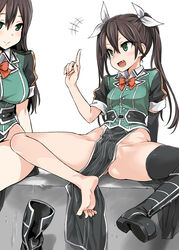  10s 2girls :d ^^^ asanagi asymmetrical_legwear bare_legs bare_thighs barefoot big_boobs big_breasts big_tits black_footwear black_hair black_hair_female black_legwear blush boobs boots bow bowtie breasts brown_hair buttons chikuma_(kantai_collection) closed_mouth elbow_gloves eyebrows eyelashes_visible_through_hair fang fangs feet female female/female female_only girl girls gloves green_eyes green_eyes_female green_jacket groin hair_between_eyes hair_ribbon highres hourglass_figure index_finger_raised jacket kantai_collection knee_boots large_breasts legs loincloth long_hair long_hair_female looking_at_another looking_at_partner multiple_girls no_panties only_female open_mouth pelvic_curtain pointy_chin puffy_short_sleeves puffy_sleeves red_bow red_bowtie ribbon ribbons shoes short_sleeves side_slit simple_background single_boot single_elbow_glove single_shoe single_thighhigh sitting small_breasts smile soles solo_focus spread_legs spreading thick_legs thick_thighs thighhighs thighs tits toes tone_(kantai_collection) tooth twintails twintails_(hairstyle) uneven_legwear unworn_boot unworn_boots voluptuous white_background white_ribbon wide_hips 