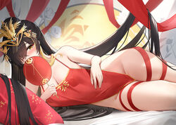  azur_lane black_hair blush breasts camisole chinese_clothes chinese_wedding covering_own_mouth dress dudou female harbin_(azur_lane) harbin_(red_paeonia)_(azur_lane) heart heart-shaped_pupils highres mole mole_under_eye official_alternate_costume official_alternate_hairstyle pelvic_curtain qing_wu red_camisole red_dress solo symbol-shaped_pupils thighs tuanshan yellow_eyes 