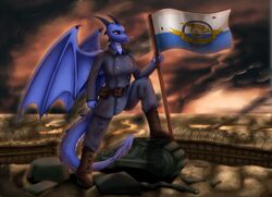  anthro arms_bent banner bent_leg clothing dragon female flag flag_(object) holding_flag holding_object mythological_creature mythological_scalie mythology number rank scalie shamziwhite solo speech_scroll standing step_pose straight_leg tail uniform war wings 