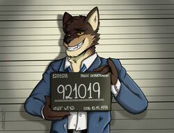  2021 anthro canid canine canis chart_background dreamworks fur holding_object holding_sign imperial_unit jail_placard male male_anthro mammal measurements mr._wolf_(the_bad_guys) number numbered_tag placard police_lineup scene_interpretation sign simple_background smile solo strayloop text the_bad_guys unit wolf 