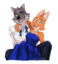  2022 4_fingers anthro canid canine canis clothed clothing diane_foxington digital_media_(artwork) dreamworks dress duo eyebrow_piercing facial_piercing female fingers fluffy fox fur green_eyes grin hi_res jewelry looking_at_viewer male male/female mammal mr._wolf_(the_bad_guys) necklace nosugarnohoney open_mouth orange_body orange_fur piercing shirt simple_background smile teeth the_bad_guys topwear wolf yellow_sclera 