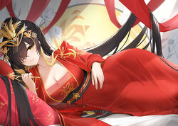  azur_lane black_hair breasts chinese_clothes chinese_wedding cleavage closed_mouth dress female hair_ornament hair_over_one_eye hand_fan harbin_(azur_lane) harbin_(red_paeonia)_(azur_lane) highres holding holding_fan jewelry large_breasts long_hair looking_at_viewer mole mole_under_eye official_alternate_costume official_alternate_hairstyle qing_wu red_dress red_nails red_ribbon ribbon ring smile solo tuanshan very_long_hair wedding_ring yellow_eyes 