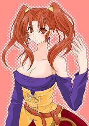  bare_shoulders breasts cleavage dragon_quest dragon_quest_viii dress female jessica_albert large_breasts megumi_ryouko purple_shirt shirt solo strapless strapless_dress twintails 