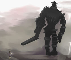  1boy artist_request colossus gaius_(shadow_of_the_colossus) giant male_focus shadow_of_the_colossus wander_(shadow_of_the_colossus) weapon 