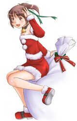  brown_hair christmas detached_sleeves female kimi_kiss nyazui open_mouth ponytail sakino_asuka santa_costume short_hair solo 