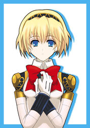  aegis_(persona) android blonde_hair blue_eyes bow female megumi_ryouko persona persona_3 ribbon short_hair solo 