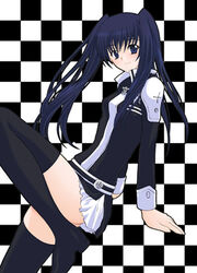  black_order_uniform checkered_background cross d.gray-man female lenalee_lee lowres megumi_ryouko skirt solo thighhighs twintails 