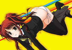  clothes_pull female kujikawa_rise lowres megumi_ryouko no_pants open_clothes open_skirt panties persona persona_4 school_uniform serafuku side-tie_panties skirt skirt_pull solo thighhighs underwear white_panties yasogami_school_uniform 