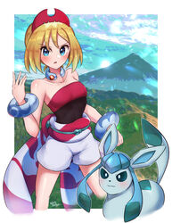  blonde_hair blue_eyes border female glaceon highres irida_(pokemon) jewelry mountain neck_ring outdoors pokemon pokemon_(creature) pokemon_legends:_arceus shirt short_hair shorts strapless strapless_shirt wakaba_(wata_ridley) white_border white_shorts 