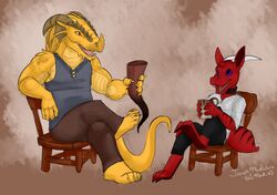  2018 anthro beverage claws clothed clothing collar digital_media_(artwork) dragonborn_(dnd) drinking_horn dungeons_and_dragons duo ear_fins fin fully_clothed gold_body hasbro holding_beverage holding_object horn jincrath_talmaar kobold male oli_snowpaw purple_sclera red_body simple_background sitting smile tankard wizards_of_the_coast yanic yellow_eyes 