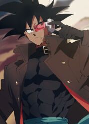  1boy abs bad_id bad_pixiv_id black_eyes black_gloves black_hair brown_coat brown_jacket coat cosplay covered_abs dark-skinned_male dark_skin domo_(domo_kizusuki) dragon_ball dragon_ball_heroes dragon_ball_z gloves jacket long_hair male_focus muscular muscular_male saiyan sash scouter solo son_goku son_goku_(cosplay) son_goku_(xeno) spiked_hair tan tullece 