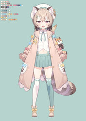  animal_ear_fluff animal_ears bamboo_shoot beret boots bow brown_coat brown_footwear coat color_guide commentary_request fangs female flat_chest green_background green_skirt hair_ornament hair_ribbon hairclip hat highres jacket kneehighs komachi_panko light_brown_hair looking_at_viewer name_tag navel official_art open_hands open_mouth phase_connect pink_eyes red_panda_ears red_panda_tail ribbon short_hair skin_fangs skirt sleeves_past_wrists socks solo star_(symbol) straight-on tail tam-u v-shaped_eyebrows virtual_youtuber white_hat 