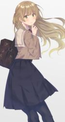  bad_id bad_pixiv_id belt_buckle black_bag black_pantyhose black_skirt blazer blonde_hair blush braid brown_jacket buckle commentary commentary_request dress expressionless feet_out_of_frame female floating_hair from_side green_eyes hand_on_own_chin jacket koju_touma long_hair looking_at_viewer pantyhose pinafore_dress red_ribbon ribbon saeki_sayaka sailor_collar school_uniform shirt simple_background skirt sleeveless sleeveless_dress solo tohmi_higashi_high_school_uniform white_background yagate_kimi_ni_naru 