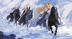  3girls animal_ears arknights arm_shield armor armored_boots black_gloves blemishine_(arknights) blonde_hair boots cape cat_ears commentary day dress english_commentary fur-trimmed_cape fur_trim gauntlets gloves grey_hair highres holding holding_sword holding_weapon horse horseback_riding long_hair looking_at_viewer multiple_girls nearl_(arknights) plate_armor ponytail reins riding river saddle saddle_blanket shield shining_(arknights) sidelocks splashing sword torn_cape torn_clothes torn_dress very_long_hair wading water weapon white_cape ye_(ran_chiiipye) 