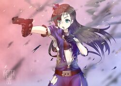  arizona_(azur_lane) artist_name azur_lane battlefield_(series) battlefield_1 belt black_bra black_gloves black_hair bleeding blood blue_jacket bra commentary english_commentary female gloves green_eyes gun hair_over_one_eye half_gloves handgun hat highres holding holding_gun holding_weapon injury jacket kreuzer_00 long_hair m1911 mini_hat oil open_clothes short_sleeves signature smoke solo standing straight_hair tears torn_clothes underwear weapon 