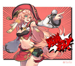  :d absurdres antlers armpits bare_shoulders blonde_hair breasts cleavage cleavage_cutout clothing_cutout cowboy_shot crop_top detached_sleeves emphasis_lines female genshin_impact green_eyes gyakuten_saiban hair_between_eyes hat highres horns long_hair long_sleeves looking_away midriff miniskirt mmlyno navel objection oerba_yun_fang open_mouth outstretched_arm parody pointing red_hat red_skirt revealing_clothes skirt small_breasts smile solo standing stomach thighs very_long_hair wide_sleeves yanfei_(genshin_impact) 