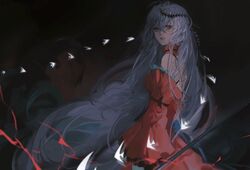  arknights breasts choker cowboy_shot detached_sleeves dress electricity female fish from_side glowing grey_hair hair_between_eyes head_wreath highres holding holding_staff holding_weapon long_hair long_sleeves looking_at_viewer messy_hair official_alternate_costume red_dress red_eyes skadi_(arknights) skadi_the_corrupting_heart_(arknights) solo staff very_long_hair weapon wide_sleeves ye_(ran_chiiipye) 